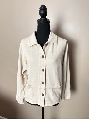 L.L. Bean vintage cotton linen shacket cream shirt wooden buttons resort L EUC